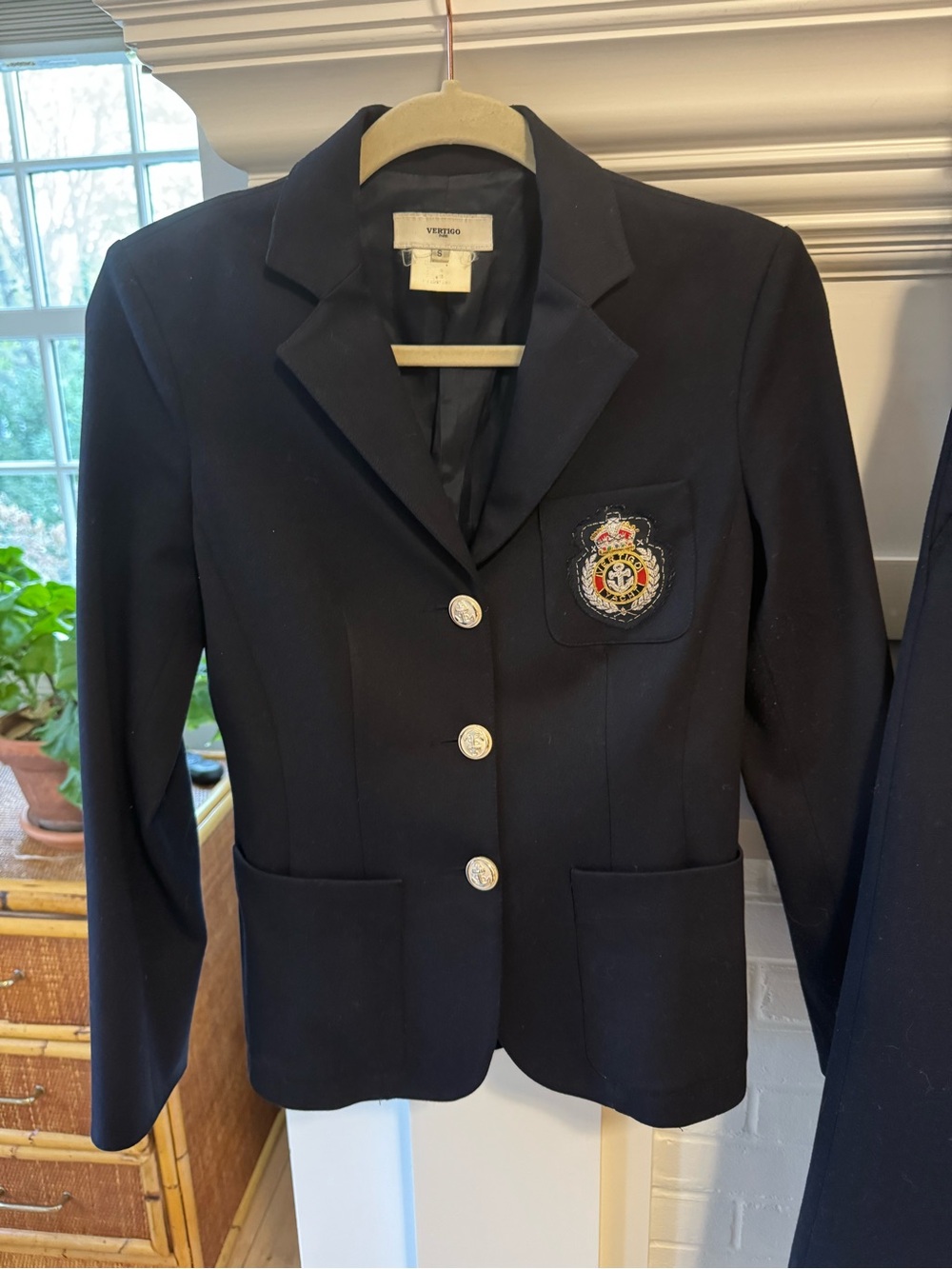 Vertigo Paris Navy Women's Suit- classic Blazer with Crest. Like new.